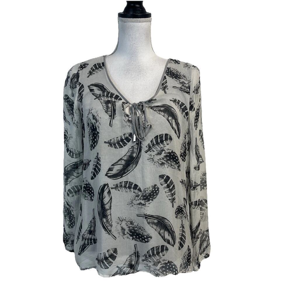 Hale Bob Blouse Women's Size S Gray Sheer Feathers Boho Peasant Lagenlook Casual
